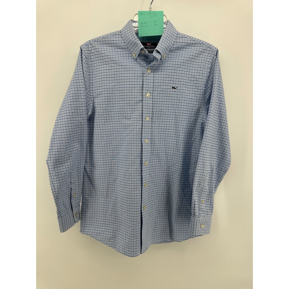 Vineyard Vines Boys Blue Gingham Whale Shirt Button Down Long Sleeve Size L 16